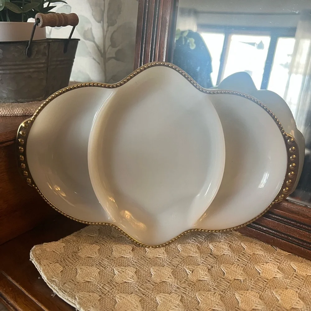 FIRE KING Milk‎ Glass White & Gold Divided Relish Dish Tray Approx. 11in. Wide
